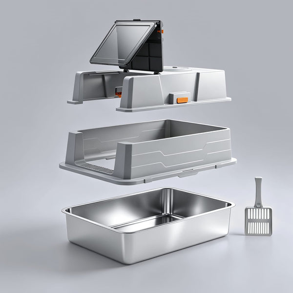 Furrbby xxl multi‑cat stainless steel litter box exploded view, non‑stick high‑sided tray