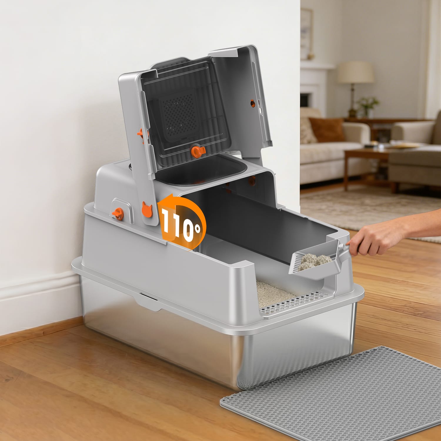 Furrbby 3-in-1 Stainless Steel Litter Box with 110° Flip-Top, Easy Scooping for Cat Owners