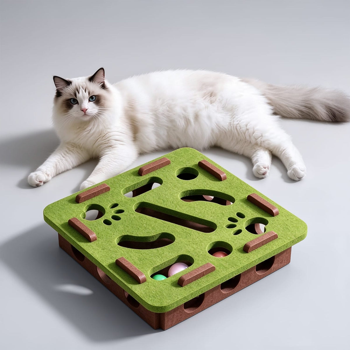 Furrbby Felt Cat Puzzle Maze Box, multi-track interactive cat toy with bell balls, scratch resistant felt cat scratching pad