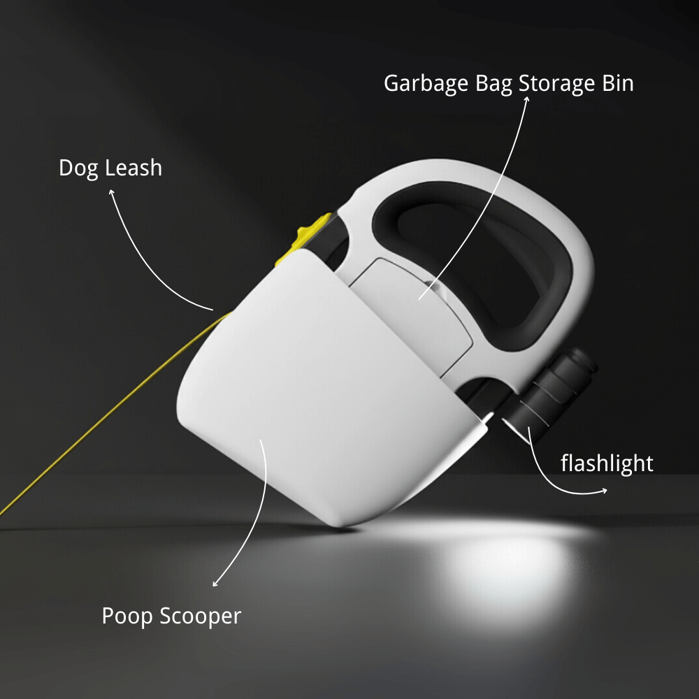 The All-in-One Dog Leash and Pooper Scooper with Built-in Bag Holder & Light