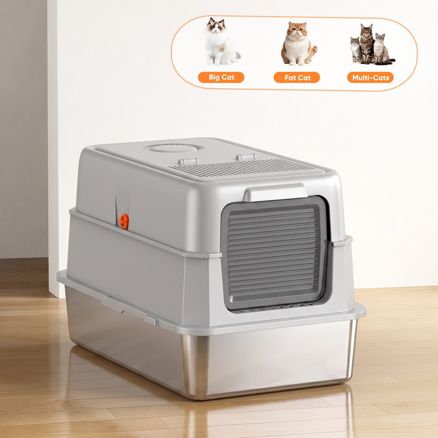 Furrbby Stainless Steel Litter Box extra large enclosed flip cover litter pan suitable for large cats, fat cats and multi-cat households