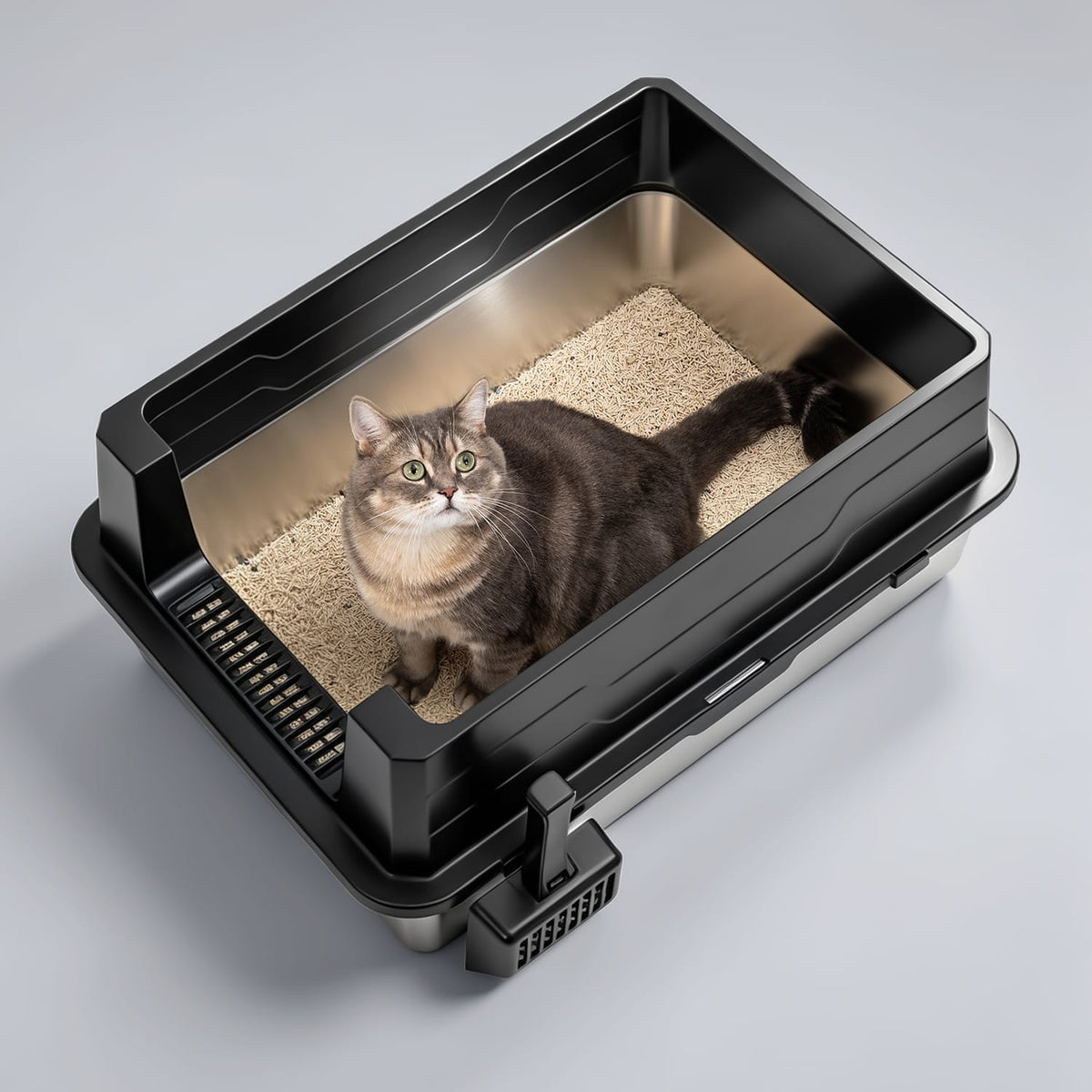 Furrbby oversized stainless steel cat litter box, top view cat inside for multi‑cat household