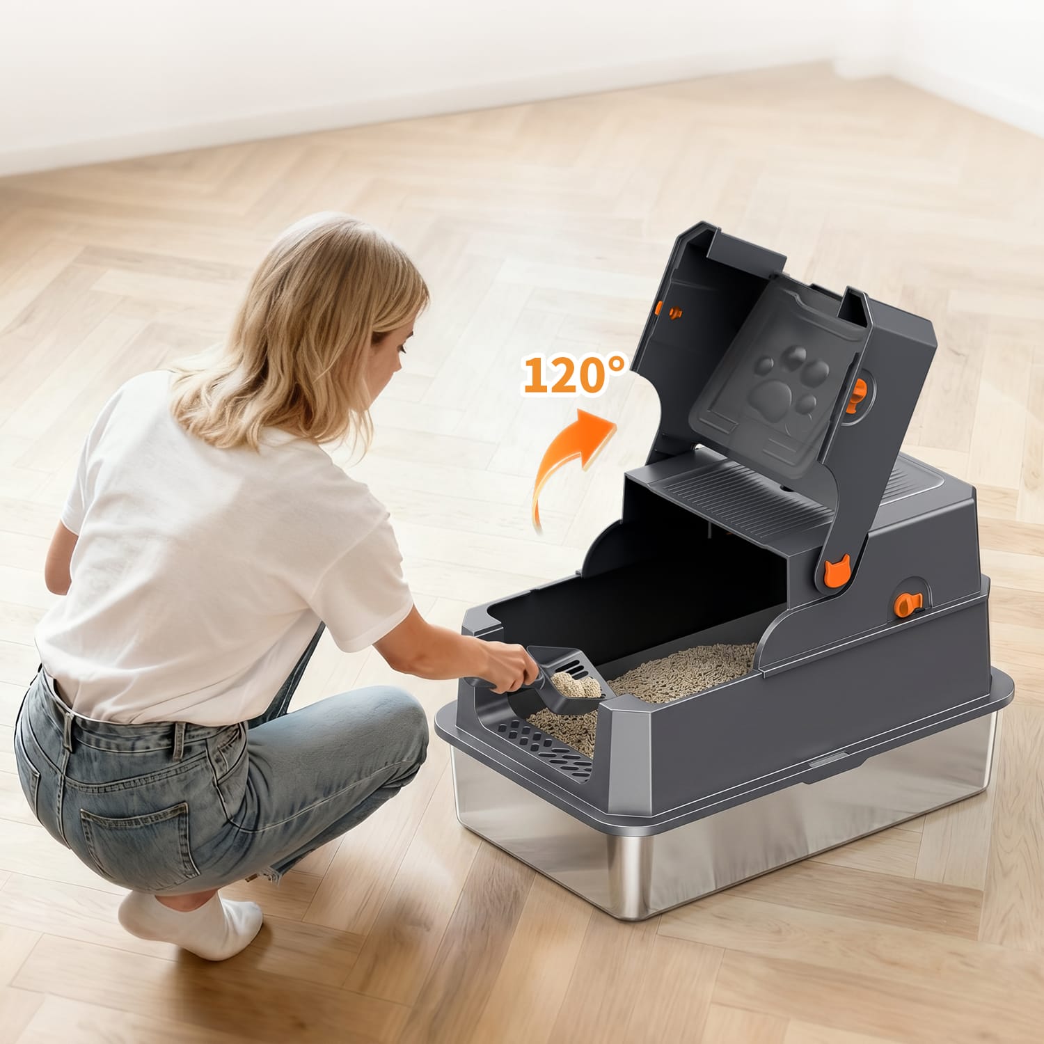 Furrbby Stainless Steel Litter Box with 120° Flip Cover, Easy Scooping & Cleaning for Cat Owners