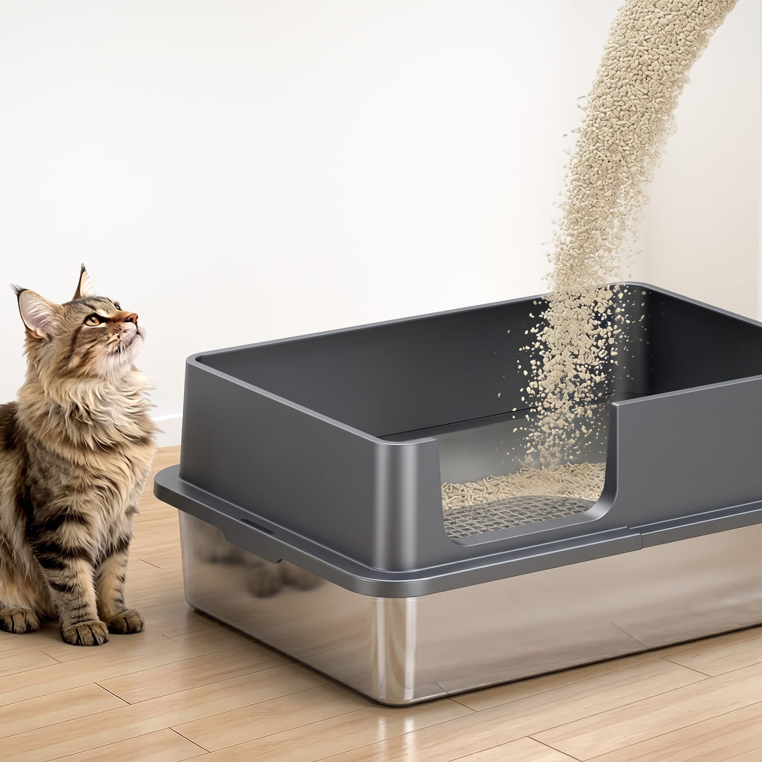 Furrbby Dark Gray Stainless Steel Litter Pan, XXL Litter Box for Large Cats with Open Top Design