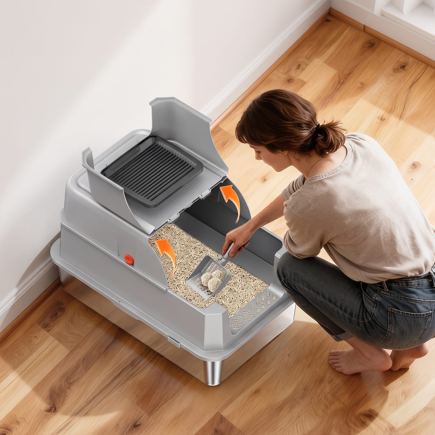 Furrbby XXL Front Entry Stainless Steel Litter Box, flip-up top design for easy litter scooping and daily cleaning