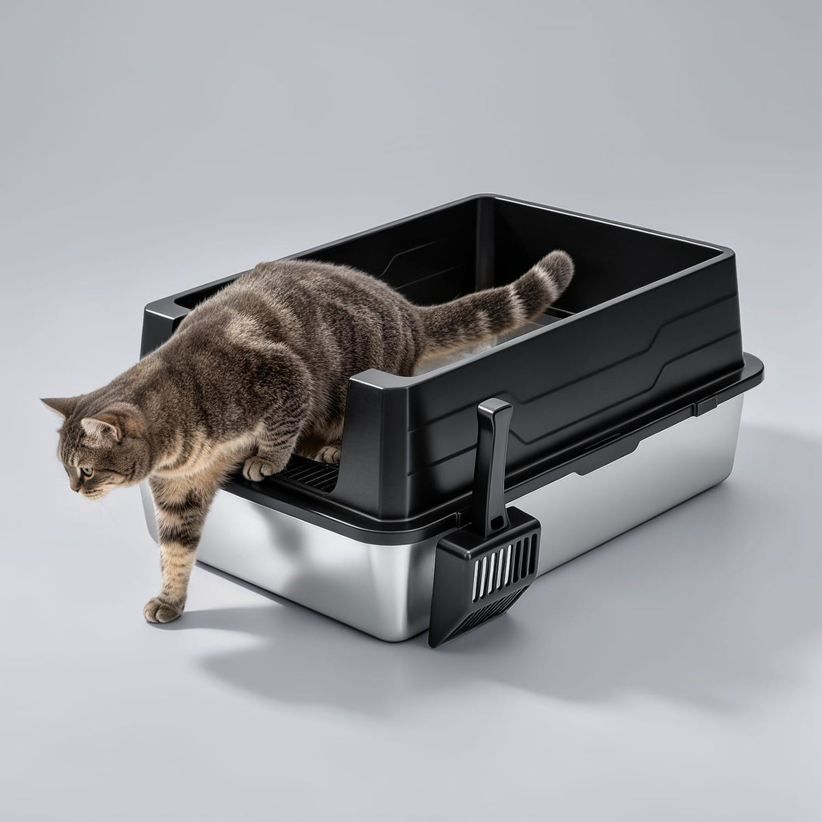 Furrbby high‑sided stainless steel cat litter box, Maine Coon cat stepping on litter trapping step, prevents cat litter scatter
