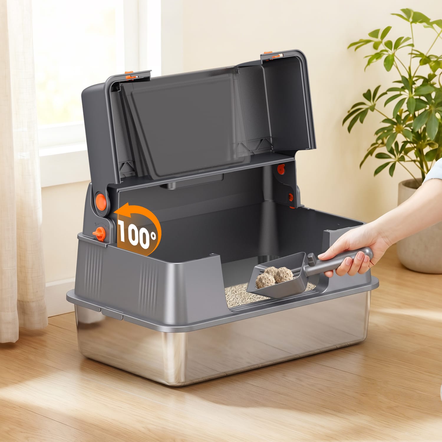 Furrbby XXL Side Entry Stainless Steel Litter Box with 100° cat ear fliptop, wide opening for easy daily litter scooping