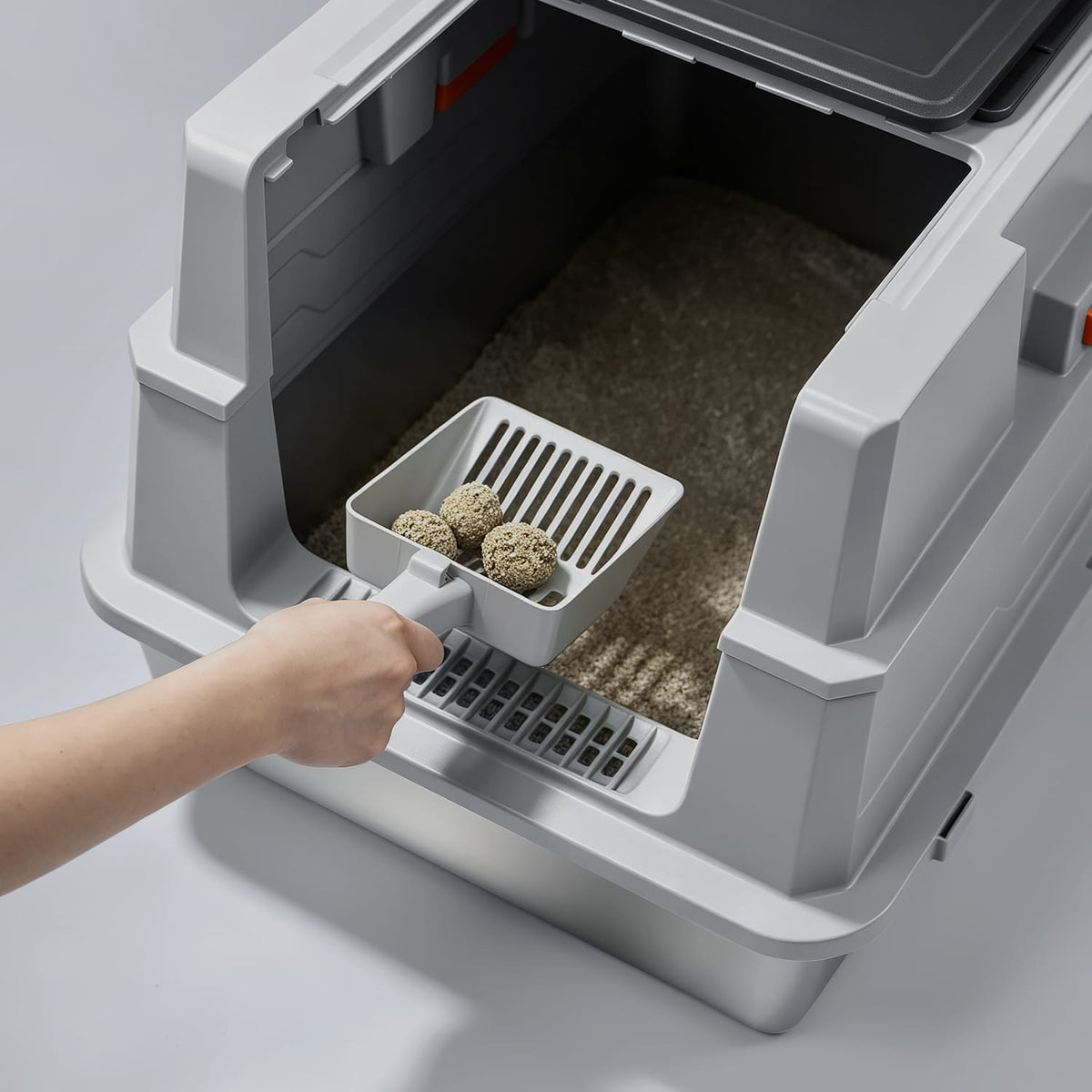 Furrbby xxl front‑entry stainless steel litter box with lid, easy clump scooping