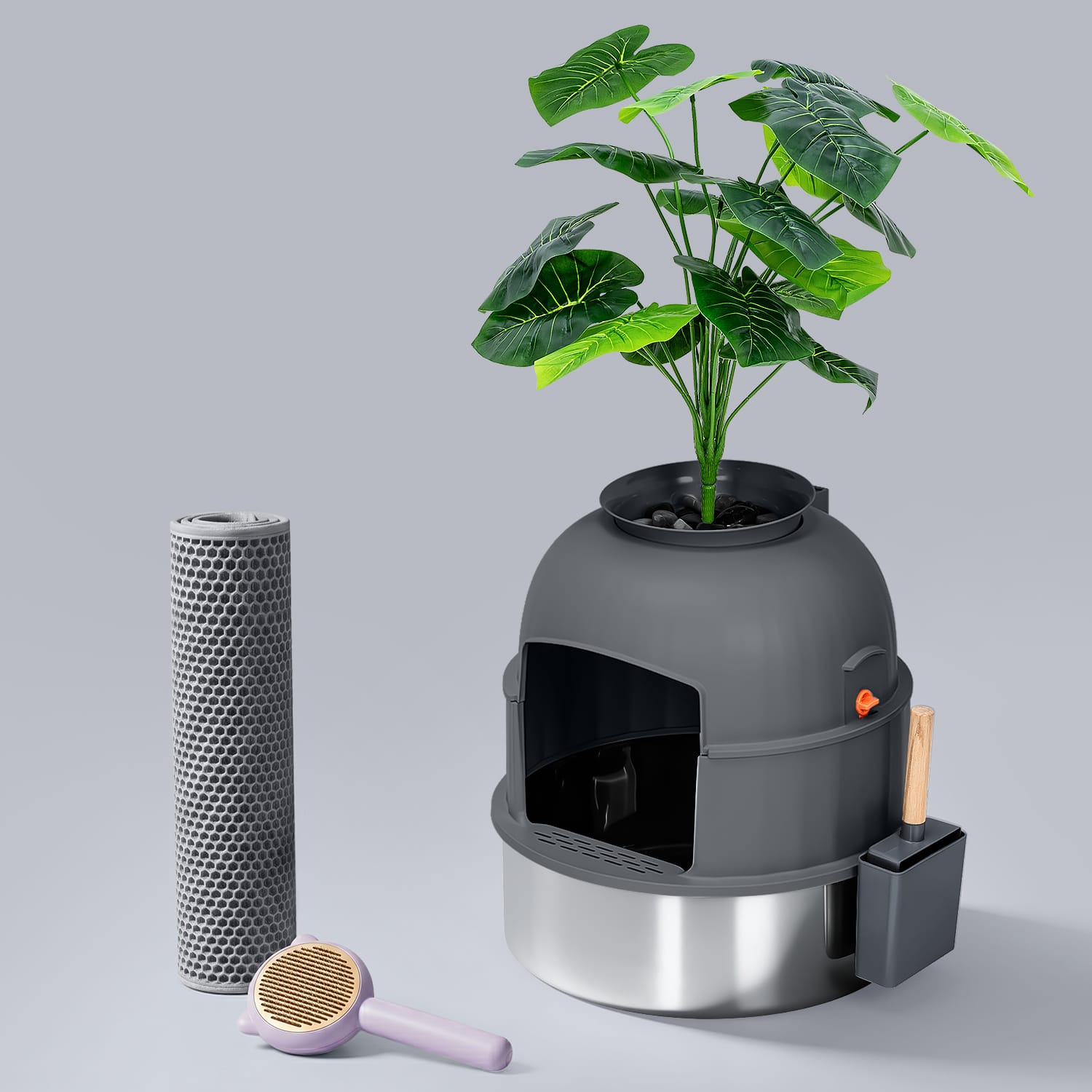 pot plant litter box Hidden Round Potted Plant Stainless Steel Litter Box Hidden Box-Full Enclosure / Dark Gray
