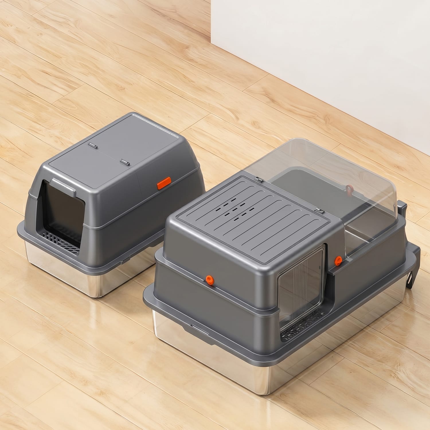 Furrbby XXL Full Enclosed Stainless Steel Litter Box with Clear View Window, Size Comparison Against Standard Model for Multi-Cat Household