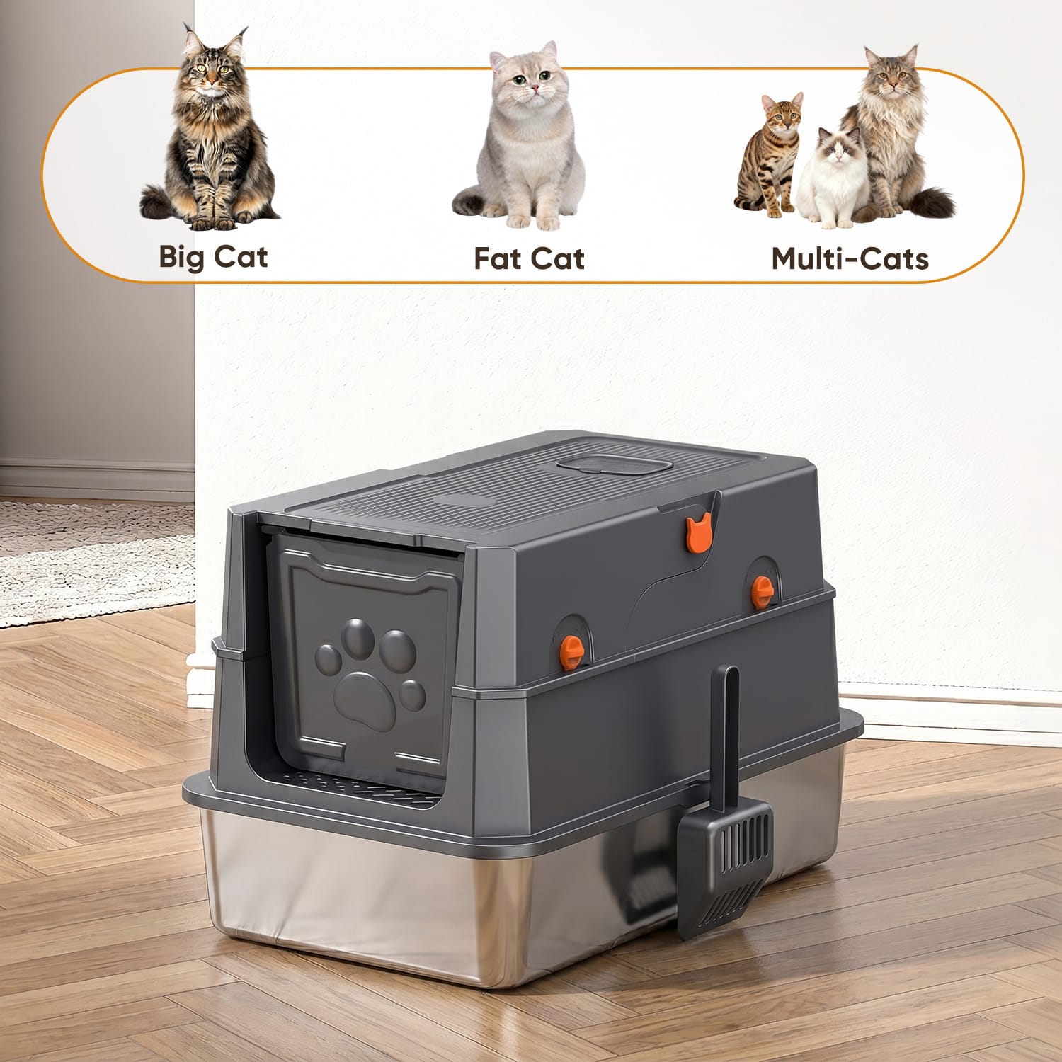 Furrbby XXL Stainless Steel Litter Box, Spacious Design for Big Cats, Fat Cats & Multi-Cat Homes