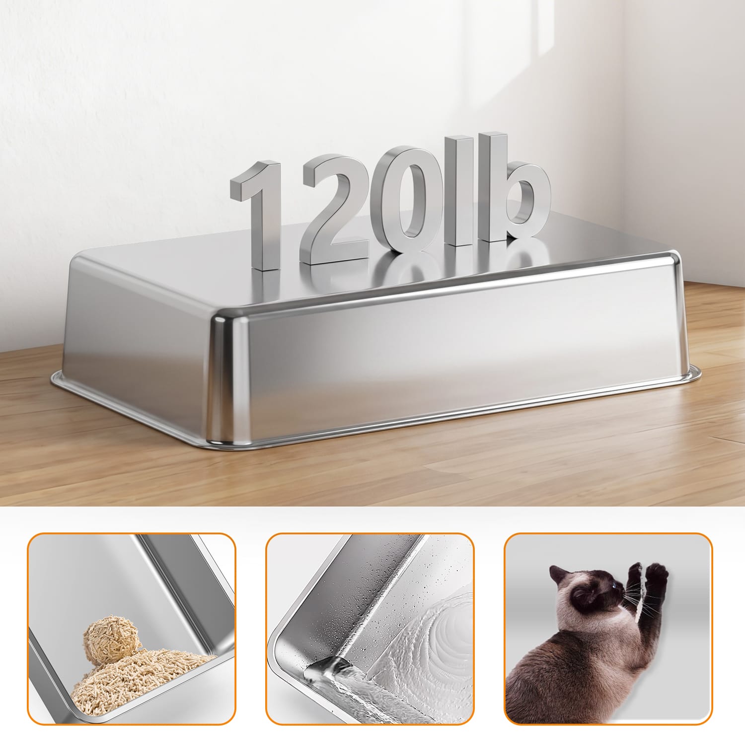 Furrbby heavy duty Stainless Steel Litter Box tray, 120lbs load bearing, rustproof non-stick cat litter container
