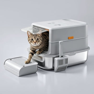 Furrbby Enclosed Stainless Steel Litter Box with Air Filter, Cat Exiting & Anti-Tracking Step
