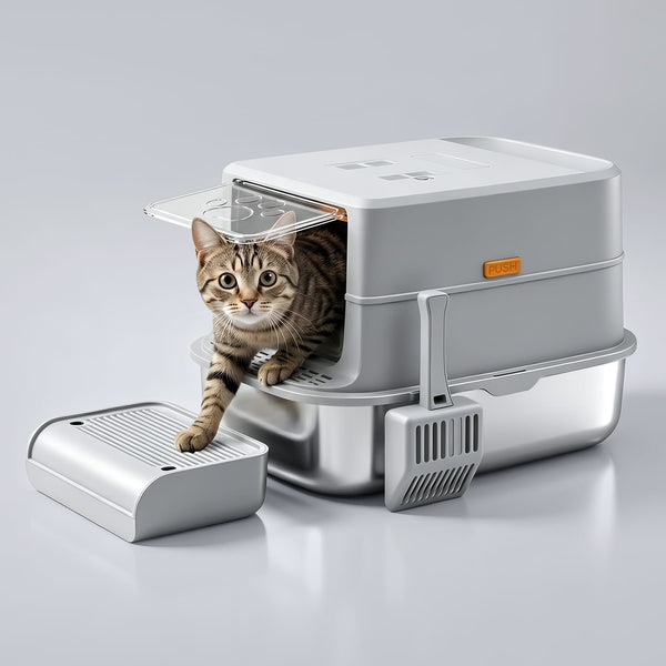 Furrbby Enclosed Stainless Steel Litter Box with Air Filter, Cat Exiting & Anti-Tracking Step