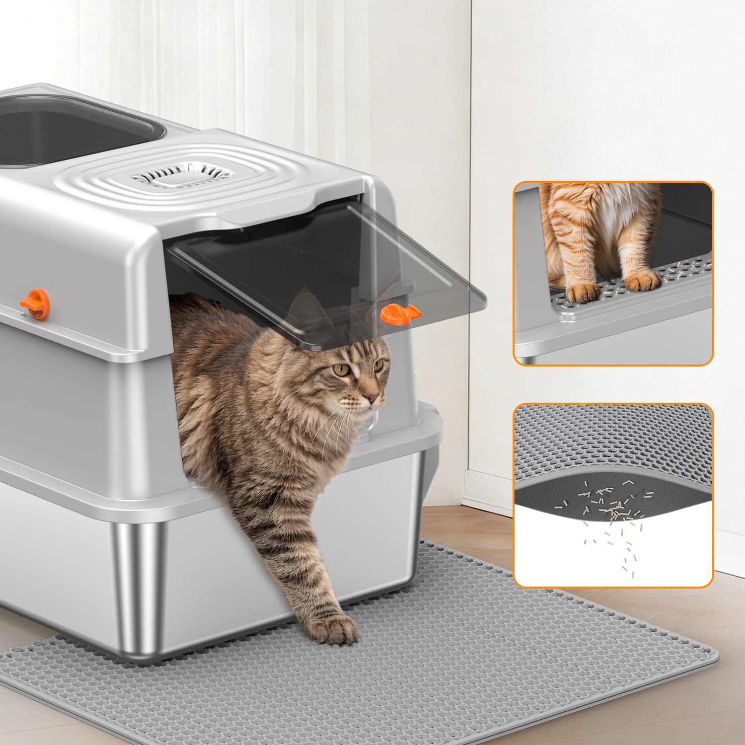 Furrbby Convertible Stainless Steel Litter Box, Built-In Anti-Tracking Step & Mat for Mess-Free Homes