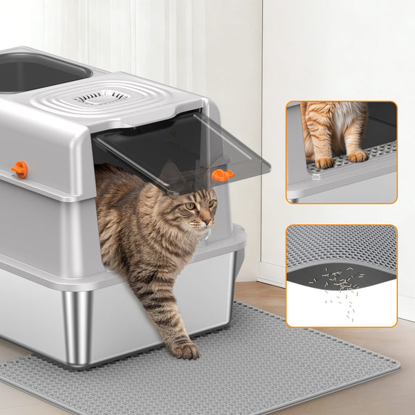 Furrbby Convertible Stainless Steel Litter Box, Built-In Anti-Tracking Step & Mat for Mess-Free Homes