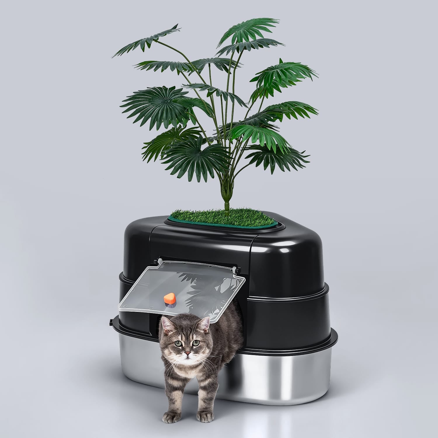cat litter pot plant Hidden Round Potted Plant Stainless Steel Litter Box Hidden Box-Full Enclosure / Dark Gray