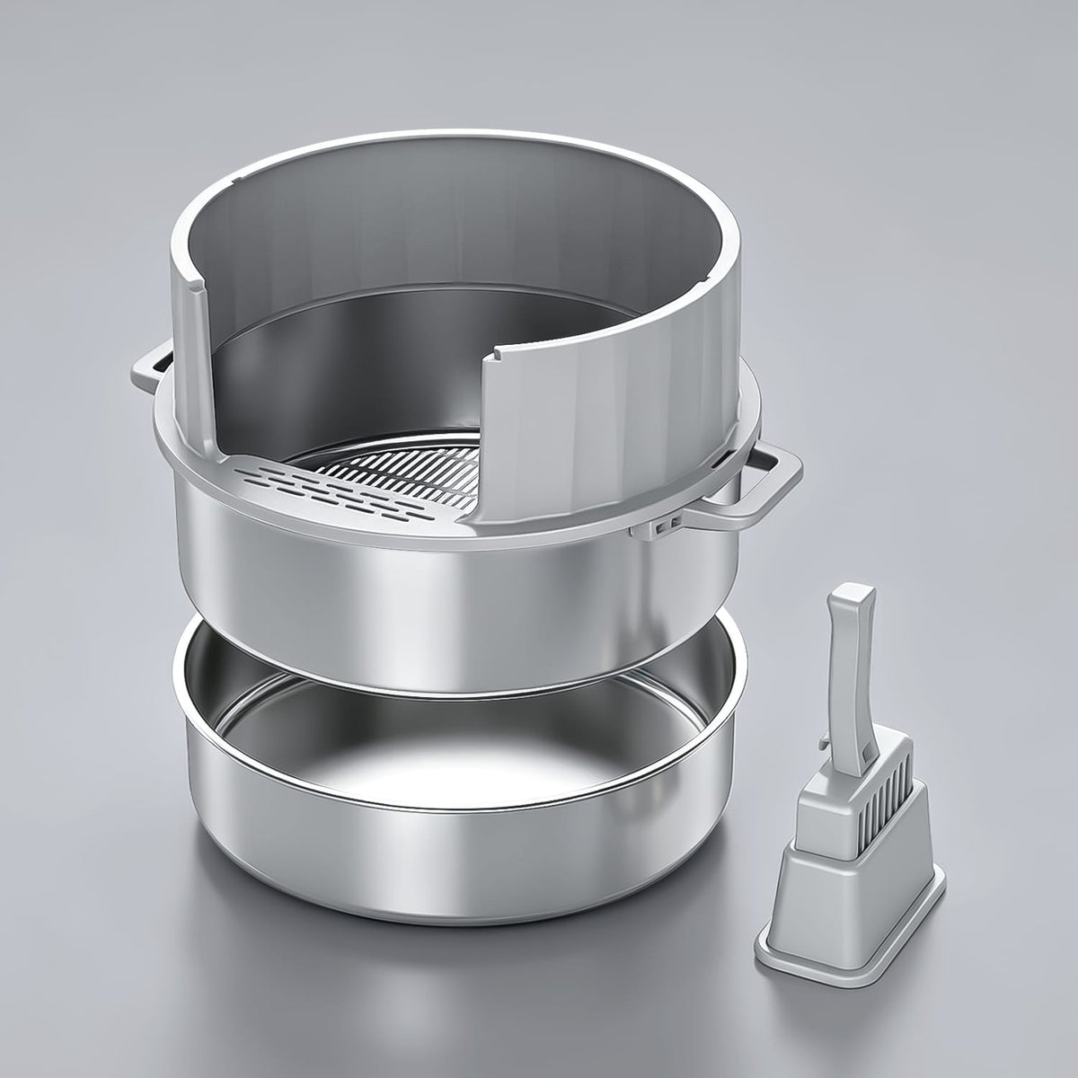 Furrbby Sifting Litter Box, XL round stainless steel design with half cover, built-in side handles and matching scoop for fast sifting cleanup
