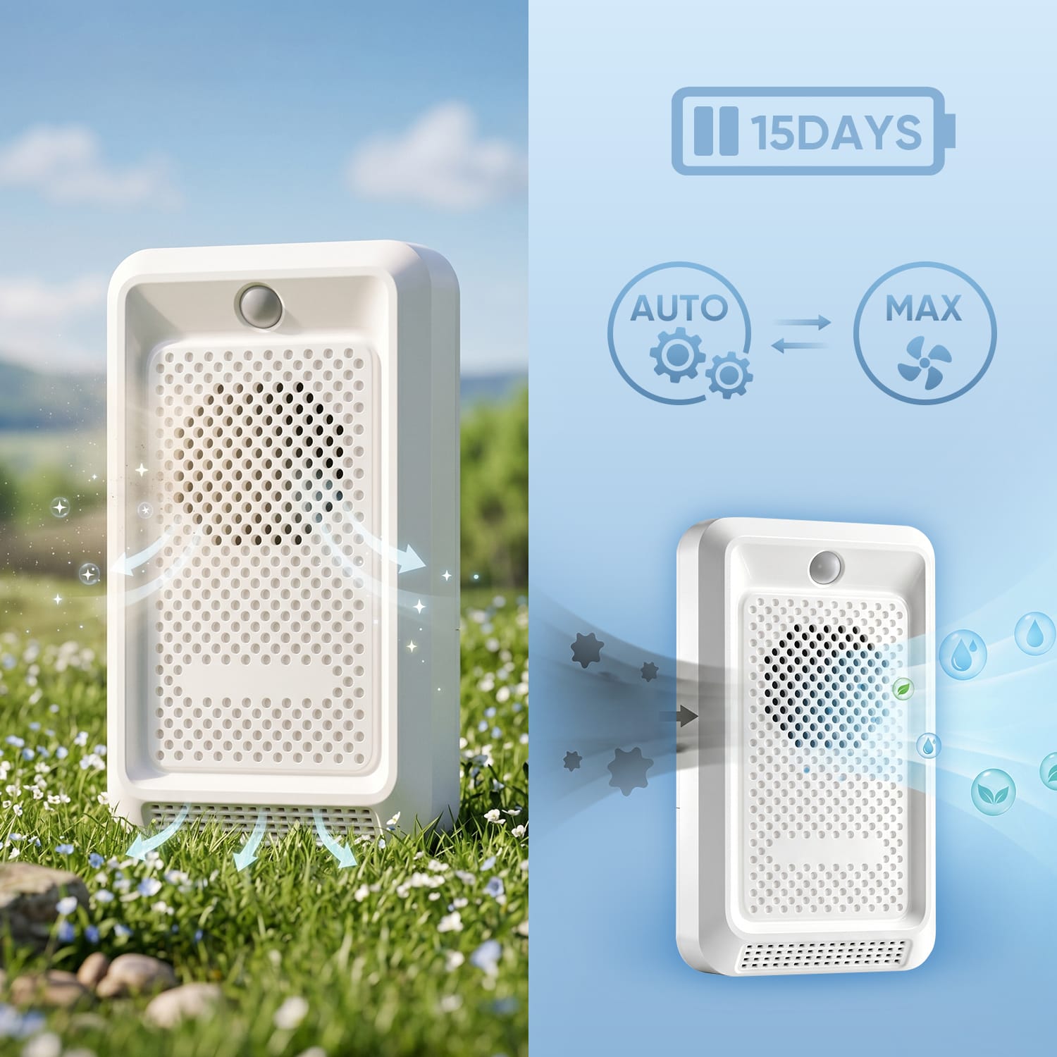Furrbby Smart Odor Eliminator, showing 15-day standby, AUTO & MAX modes, and air purification