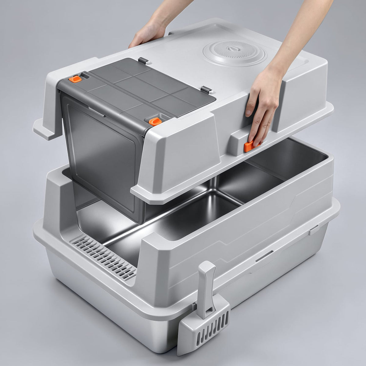 Furrbby xxl covered stainless steel litter box, simple disassembly design for multi‑cat households easy deep clean