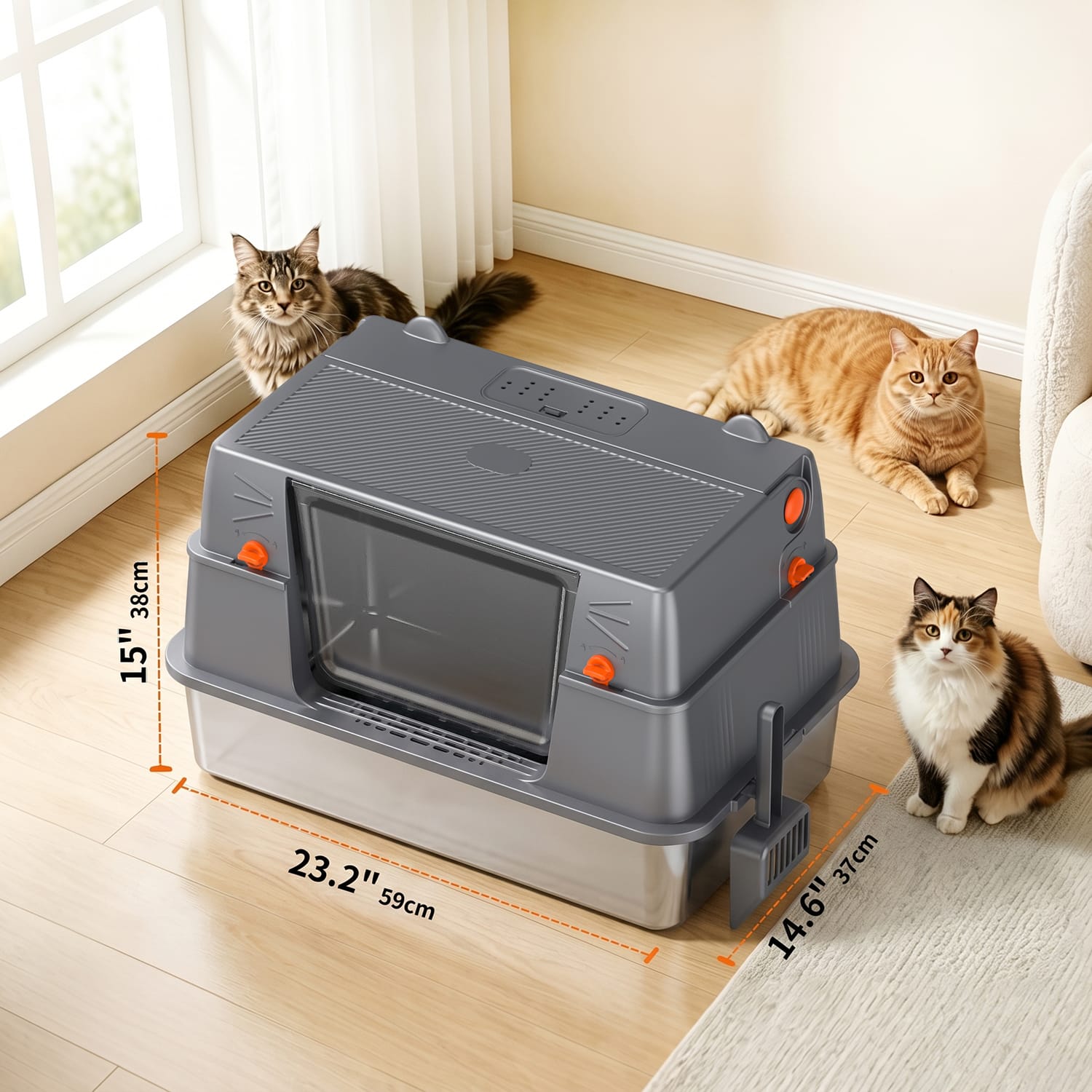 Furrbby XXL Side Entry Stainless Steel Litter Box with Cat Ear Fliptop, dimension size display for multi large cats indoor home