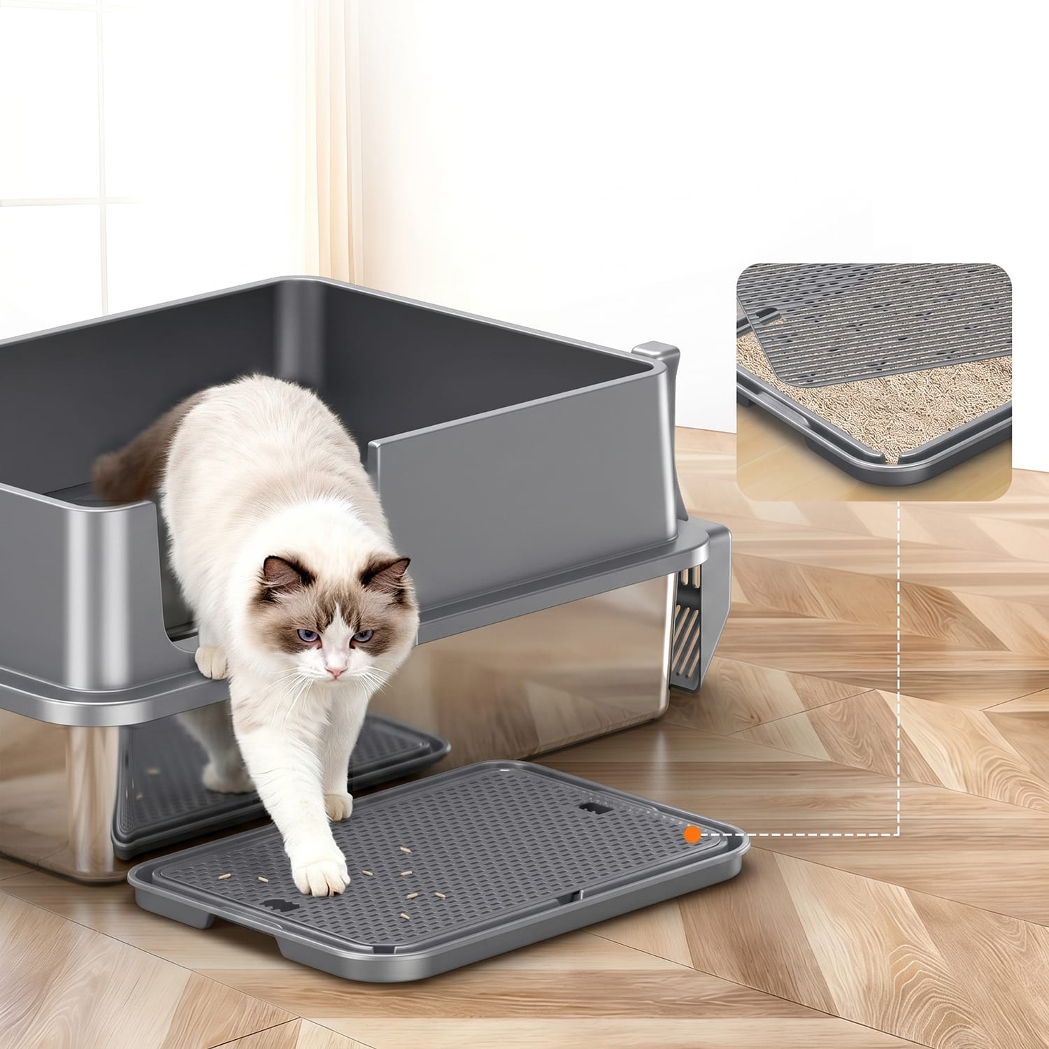 Furrbby Stainless Steel Litter Pan with Litter Catcher Step Mat, Anti-Tracking