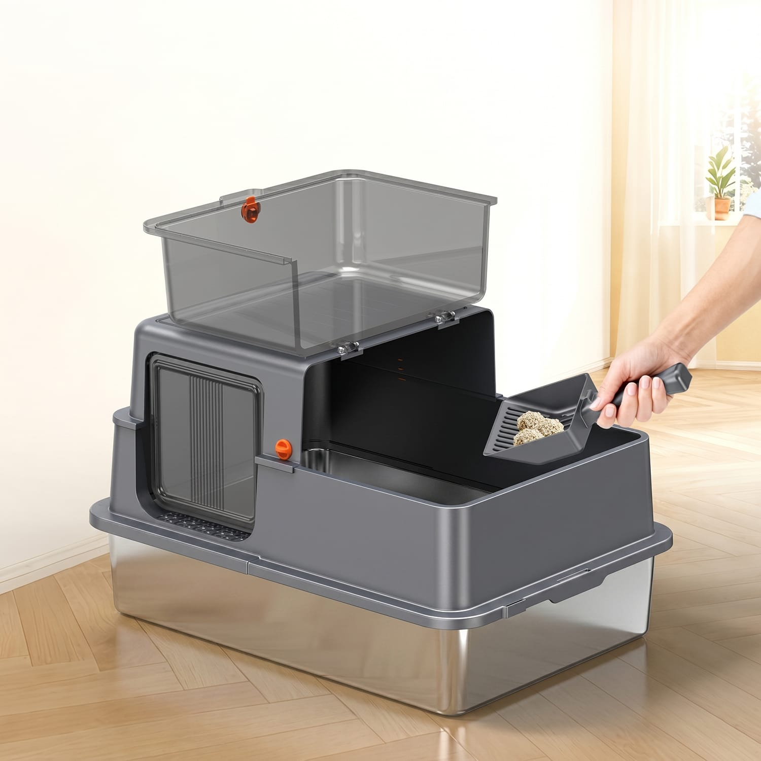 Furrbby XXL Full Enclosed Stainless Steel Litter Box with Clear View Window, Flip Top Easy Scoop Design for Multi-Cat Household