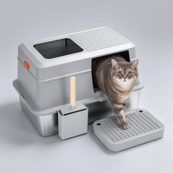 Furrbby Enclosed Stainless Steel Litter Box with Anti-Tracking Step, Cat Exiting