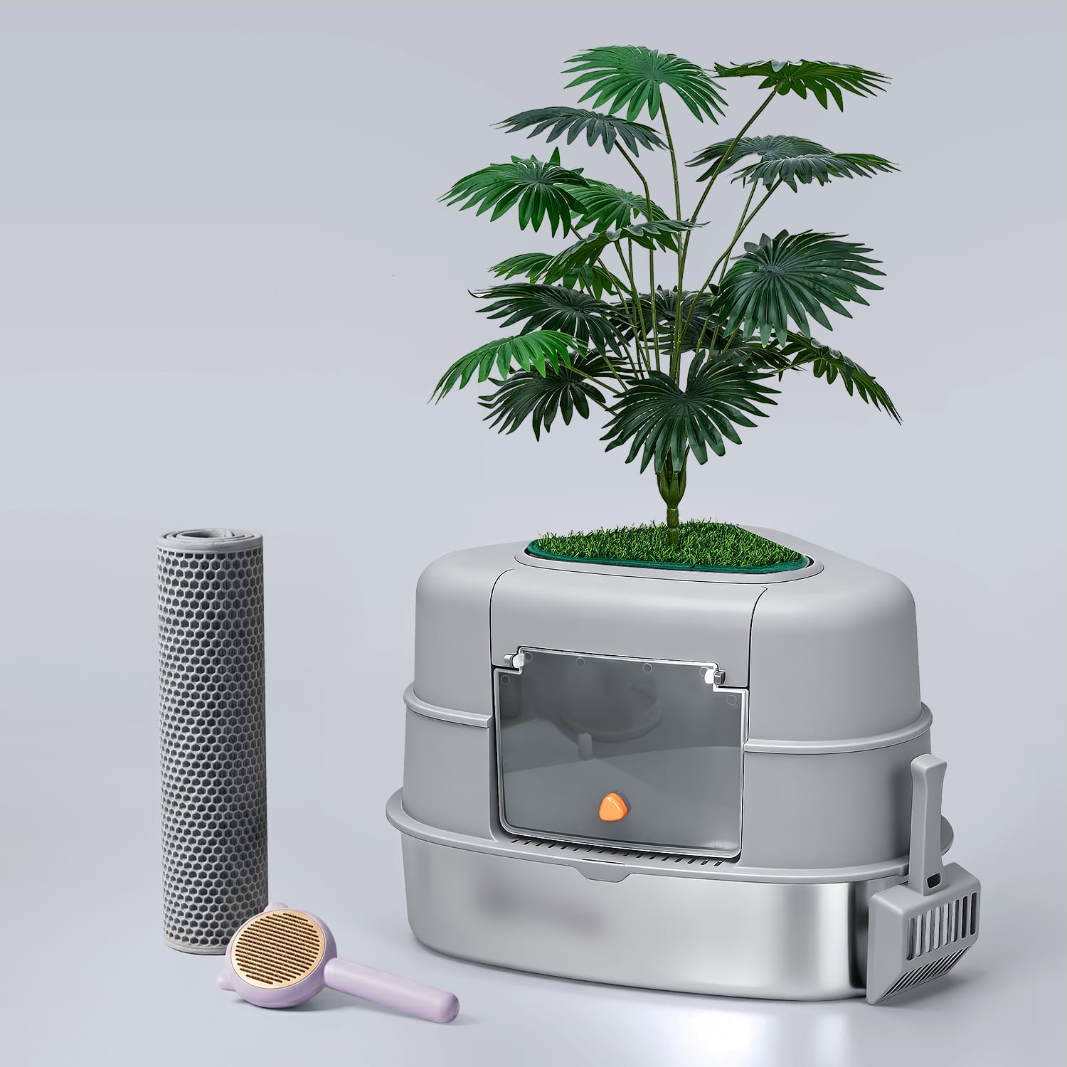 plant pot litter box Hidden Round Potted Plant Stainless Steel Litter Box Hidden Box-Full Enclosure / Dark Gray