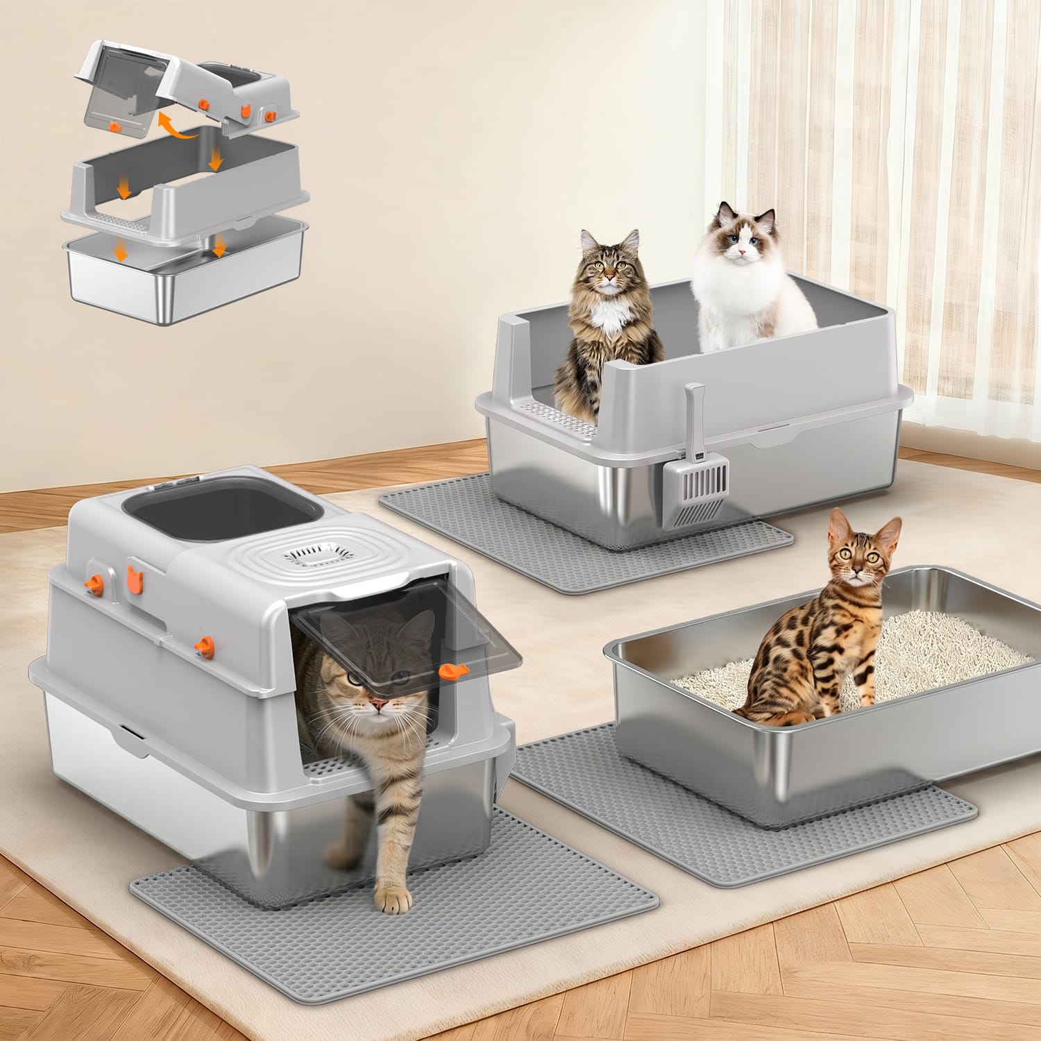 Furrbby 3-in-1 Convertible Stainless Steel Litter Box, Multi-Mode Design for Different Cat Preferences