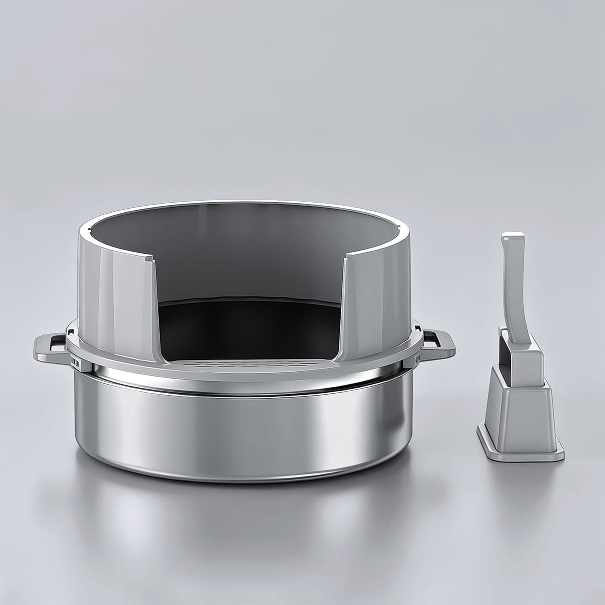 Furrbby Sifting Litter Box, XL round stainless steel cat toilet with half cover and matching litter scoop, non-porous metal for simple maintenance