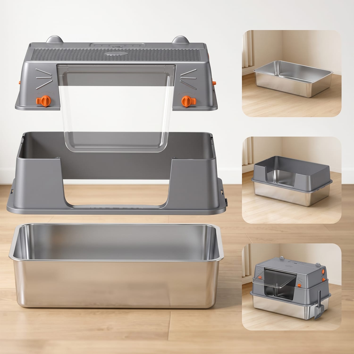 Furrbby detachable Stainless Steel Litter Box XXL, disassembled 3-piece structure, open pan & half-shell & fully enclosed three usage modes
