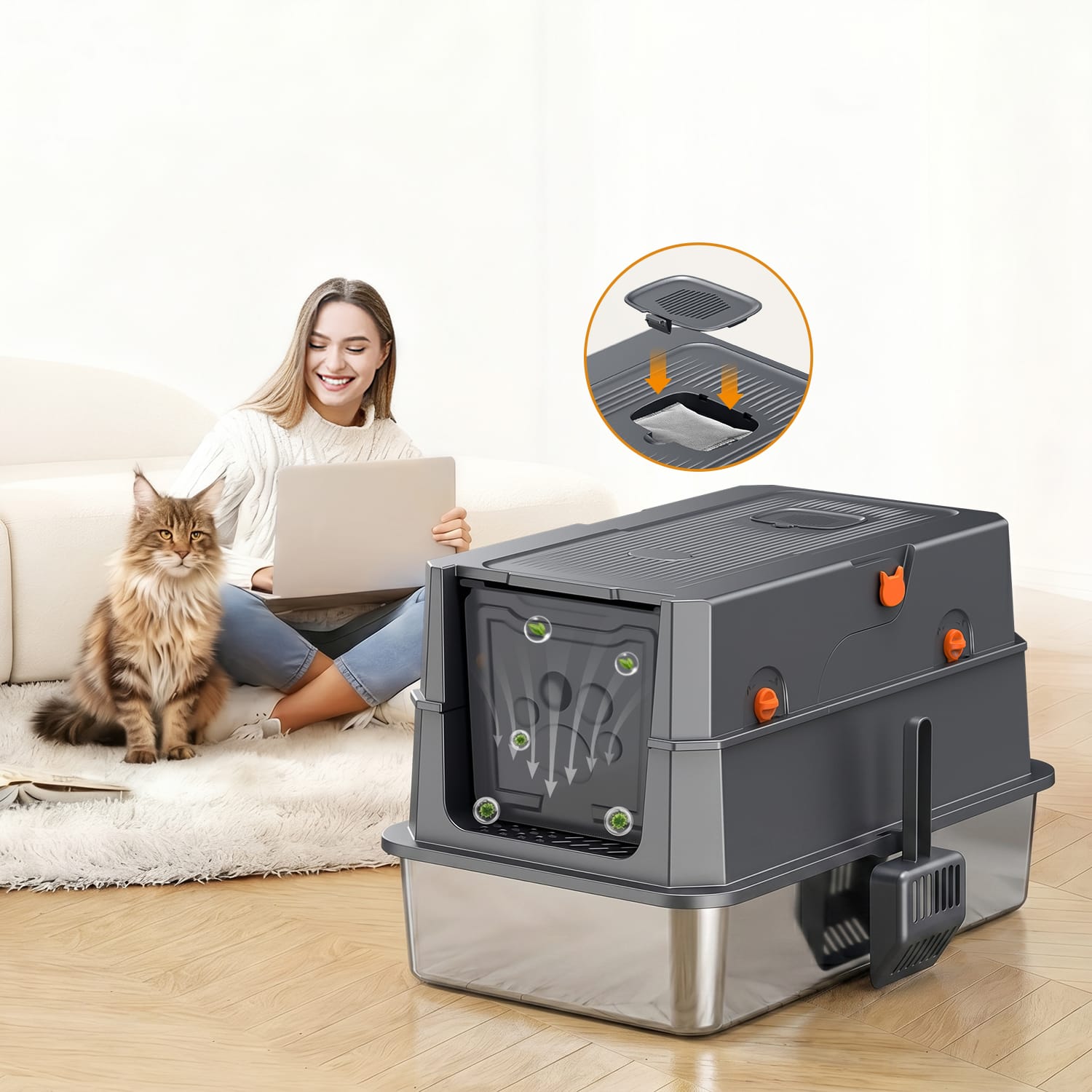 Furrbby Stainless Steel Litter Box with Odor Control System, Fully Enclosed Design for Fresh Air at Home