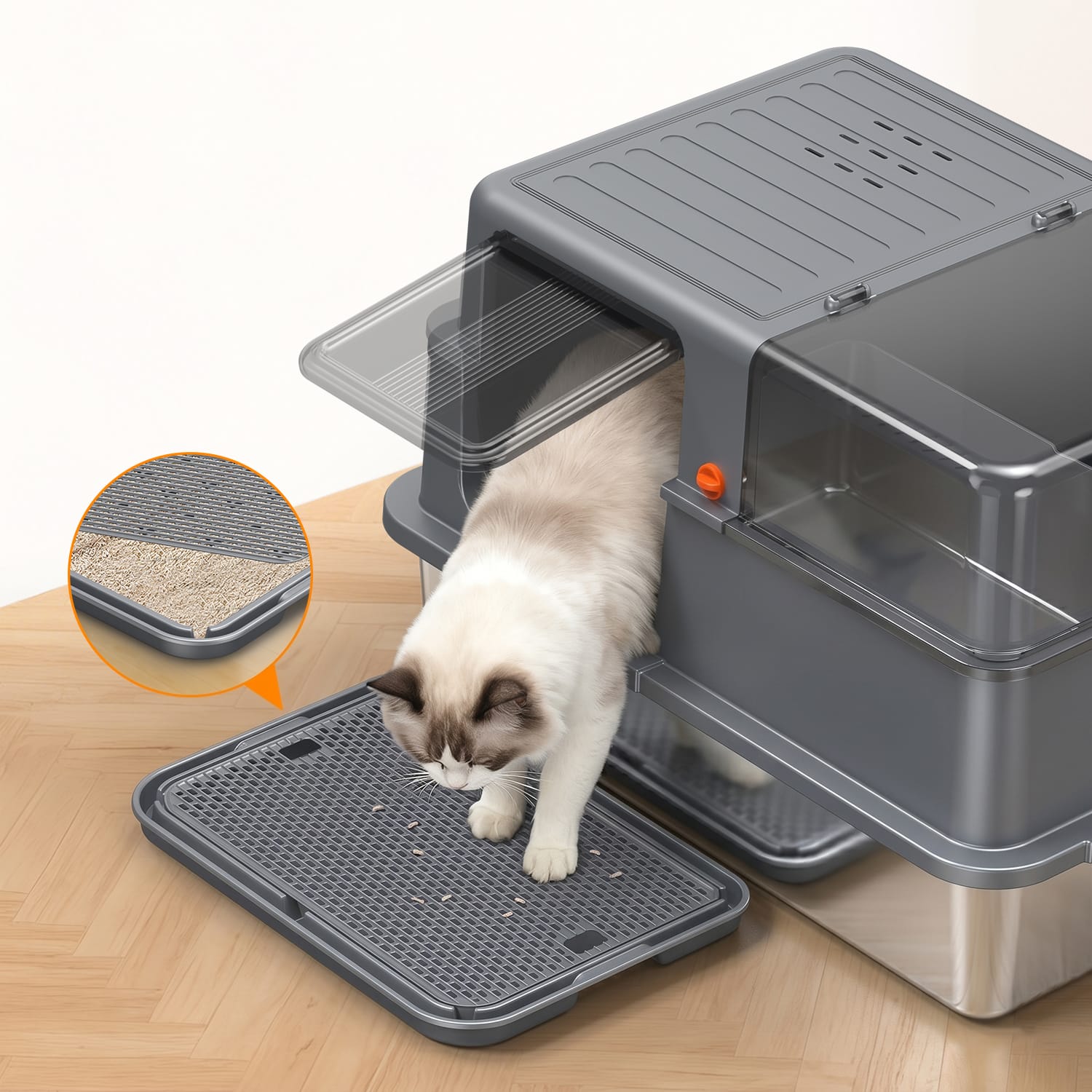 Furrbby XXL Stainless Steel Full Enclosed Cat Litter Box with Clear View Window, Anti-Tracking Double Layer Litter Mat Accessory, Flip Top Easy Clean Design