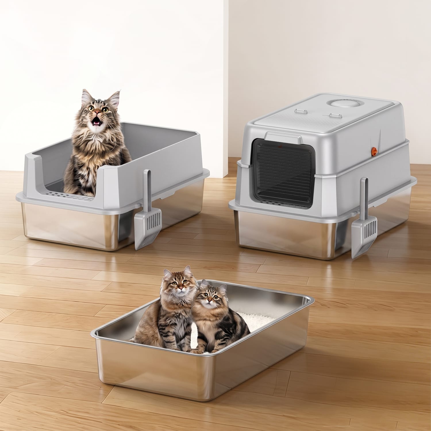 Furrbby Stainless Steel Litter Box three styles combo, open litter pan, half-shell and fully enclosed front entry cat toilet