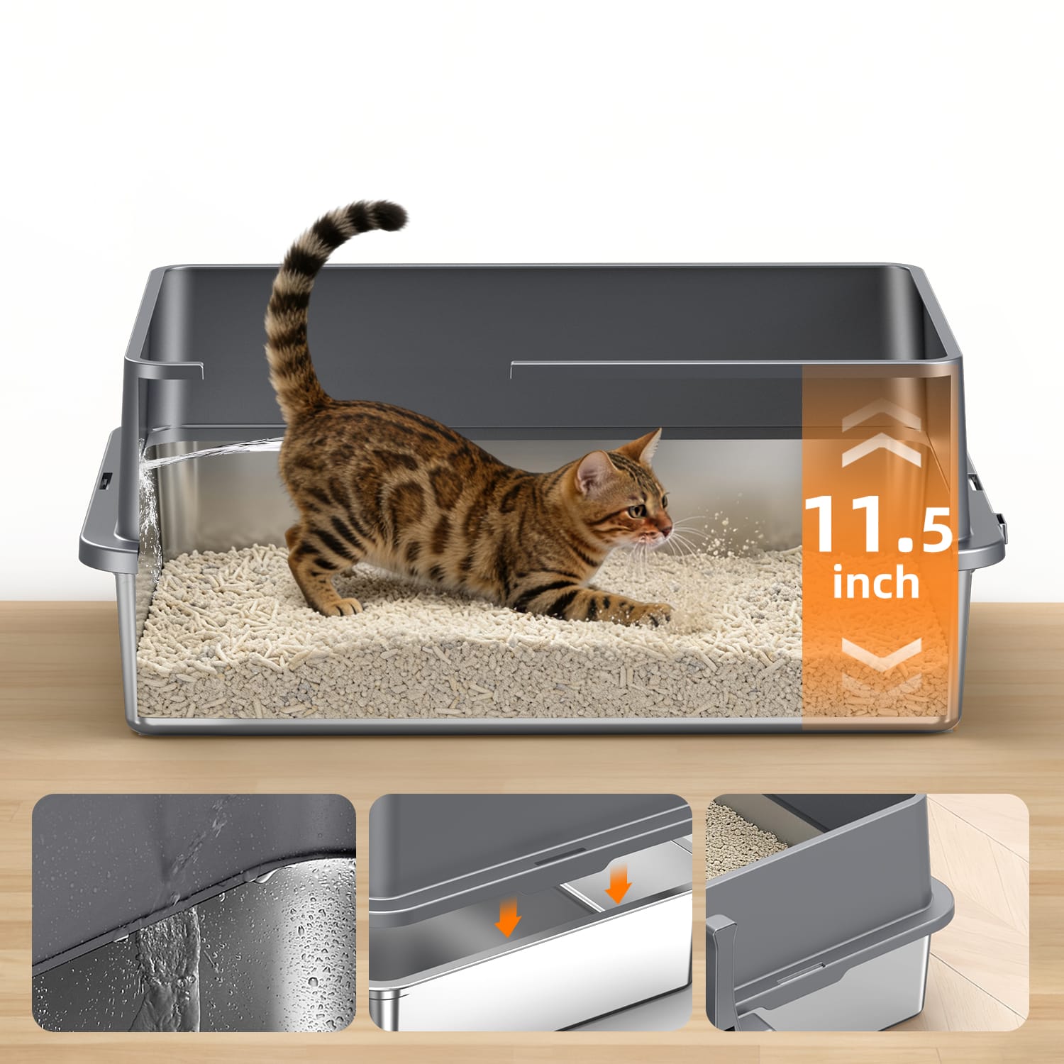 Dark Gray Furrbby Cat Litter Pan with 11.5 Inch Anti-Splash Walls, Contain Litter & Prevent Scattering
