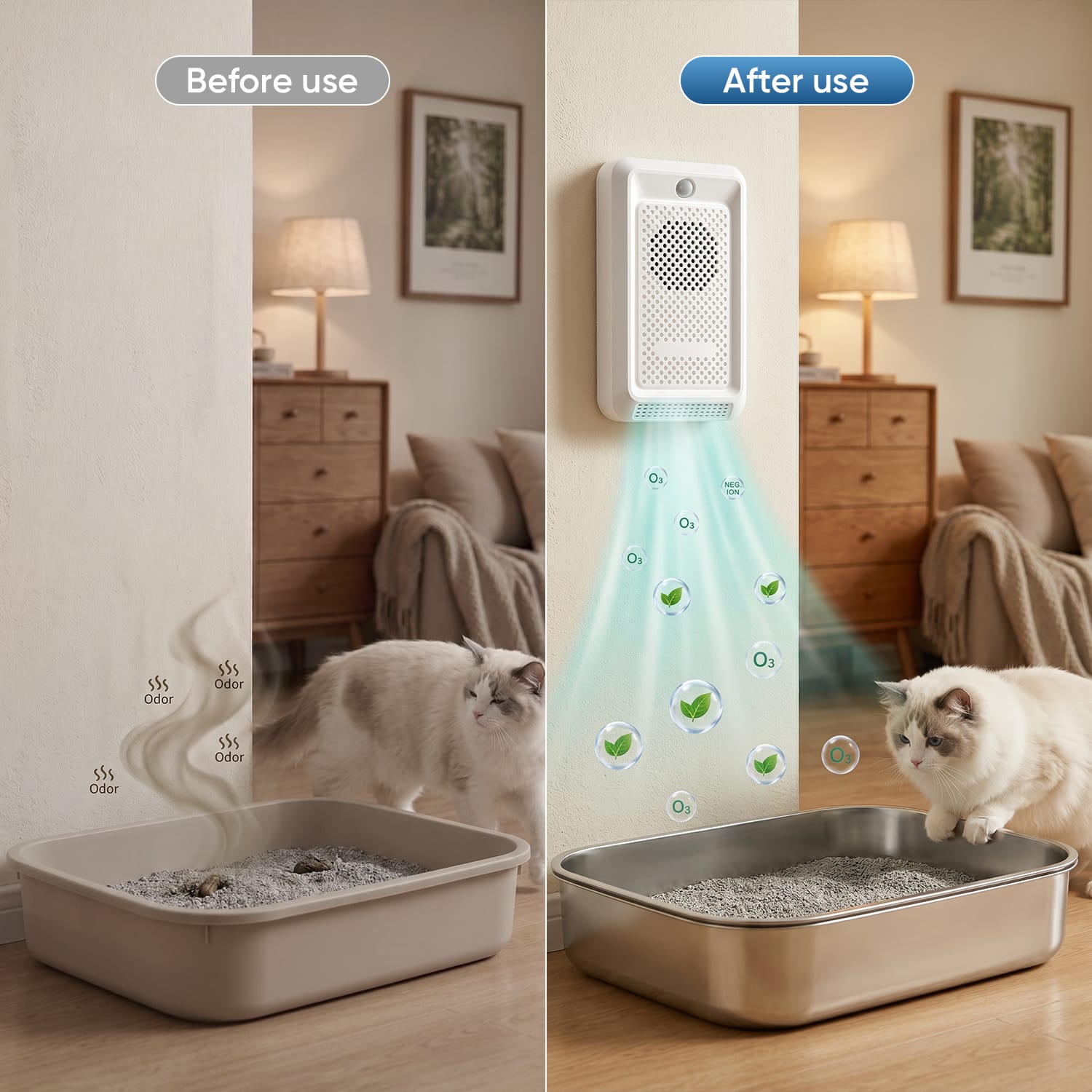 Furrbby Smart Odor Eliminator before-and-after comparison, showing litter box odor removal effect