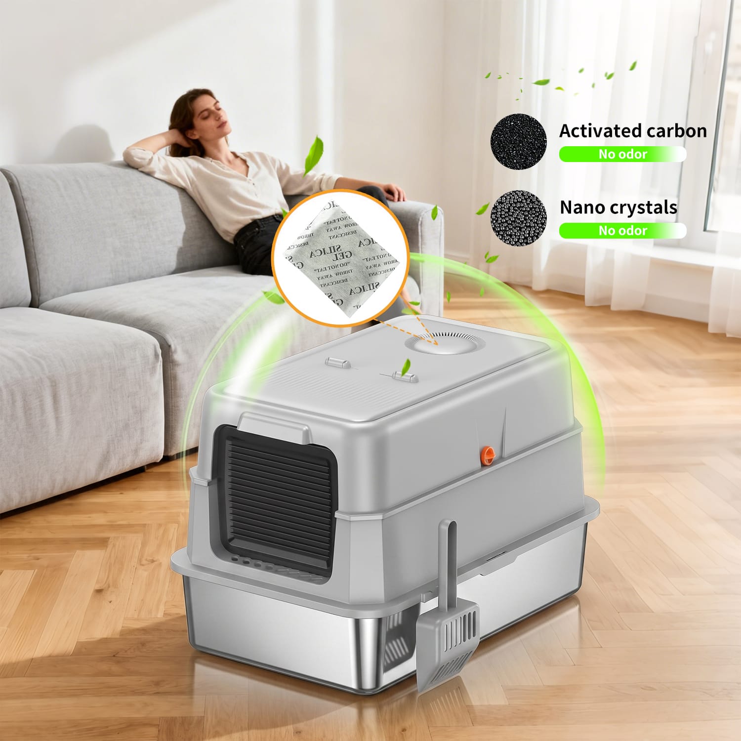 Furrbby Stainless Steel Litter Box built-in deodorant filter, fully enclosed odor control litter pan for indoor cats