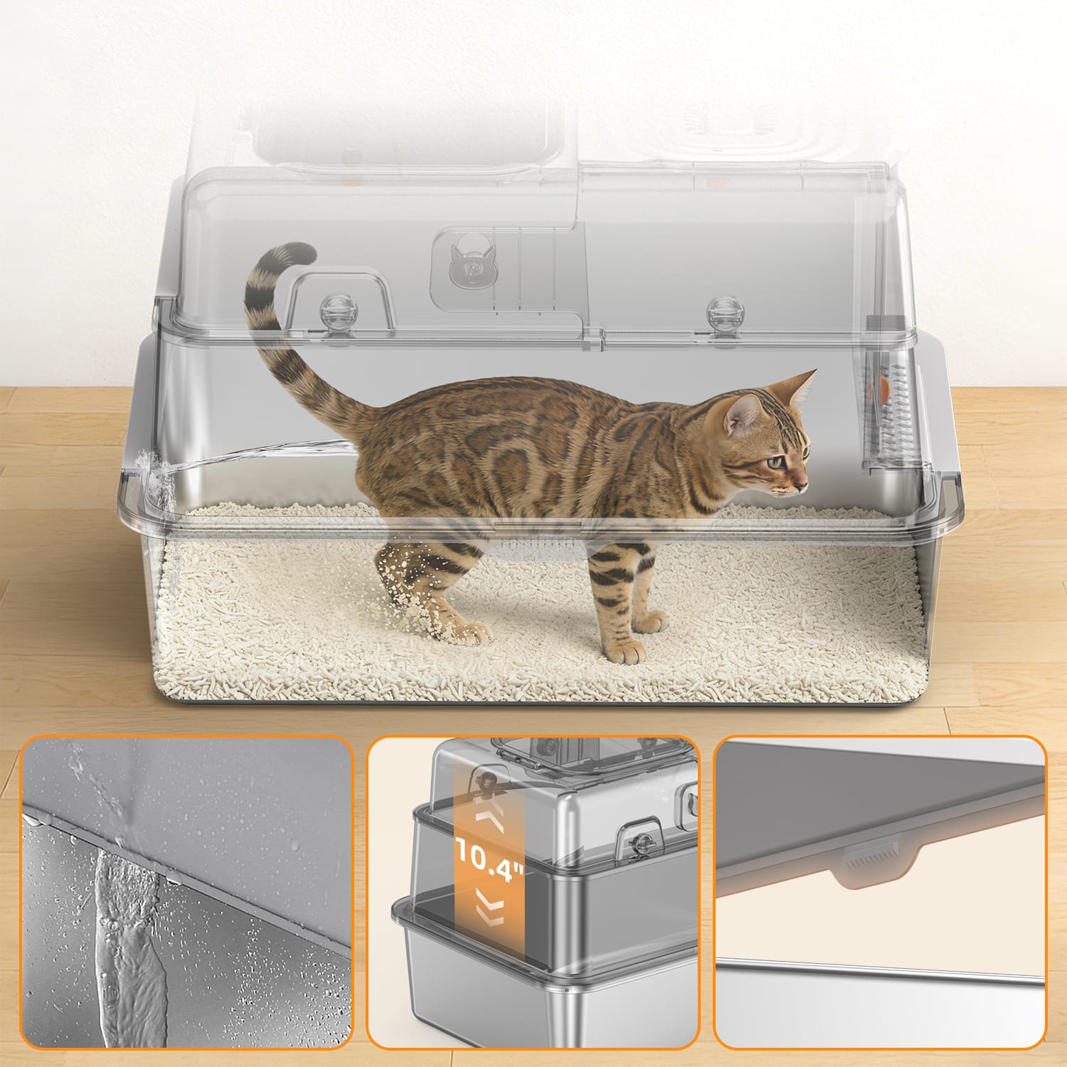 Furrbby 3-in-1 Stainless Steel Litter Box, 10.4" Tall Enclosed Edges for Anti-Splash Protection
