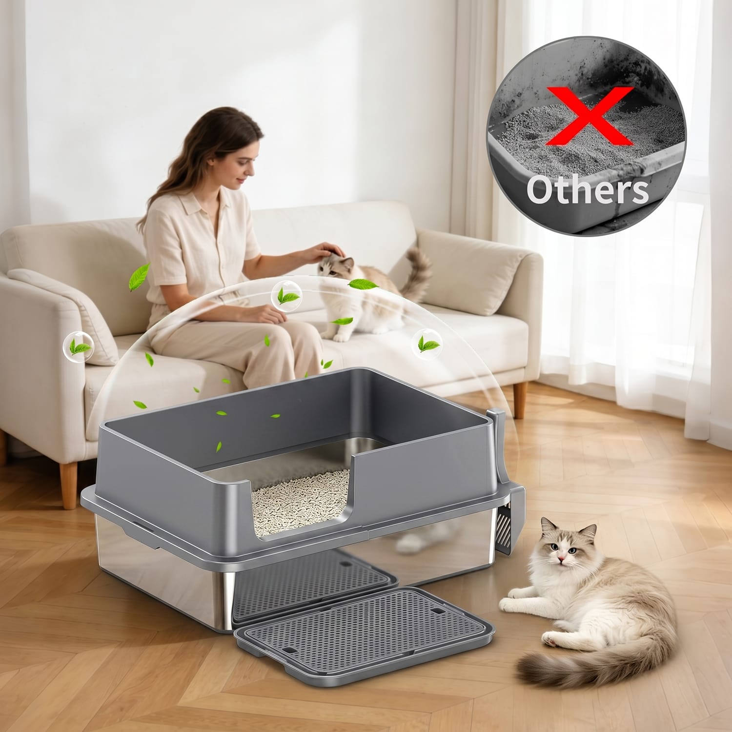 Furrbby Stainless Steel Litter Pan with Odor Control, Fresh Air & Less Smell