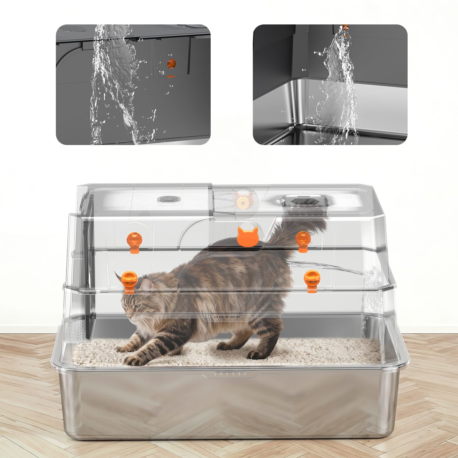 Furrbby Stainless Steel Litter Box with Anti-Splash Enclosed Design, Leak-Proof Structure for Mess-Free Use