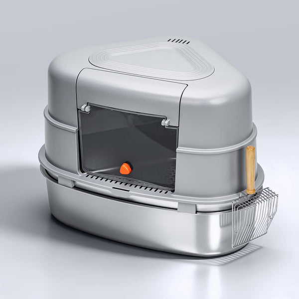 XXL Stainless Steel Sifting Litter Box for Pine Pellet — Corner Pan-Full Enclosure / XXL