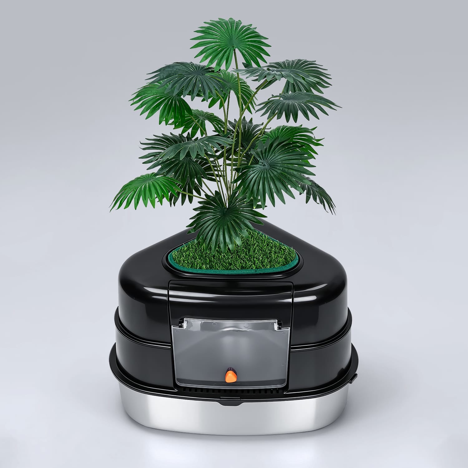 Furrbby black decor-friendly hidden litter box, potted plant disguised stainless steel cat toilet