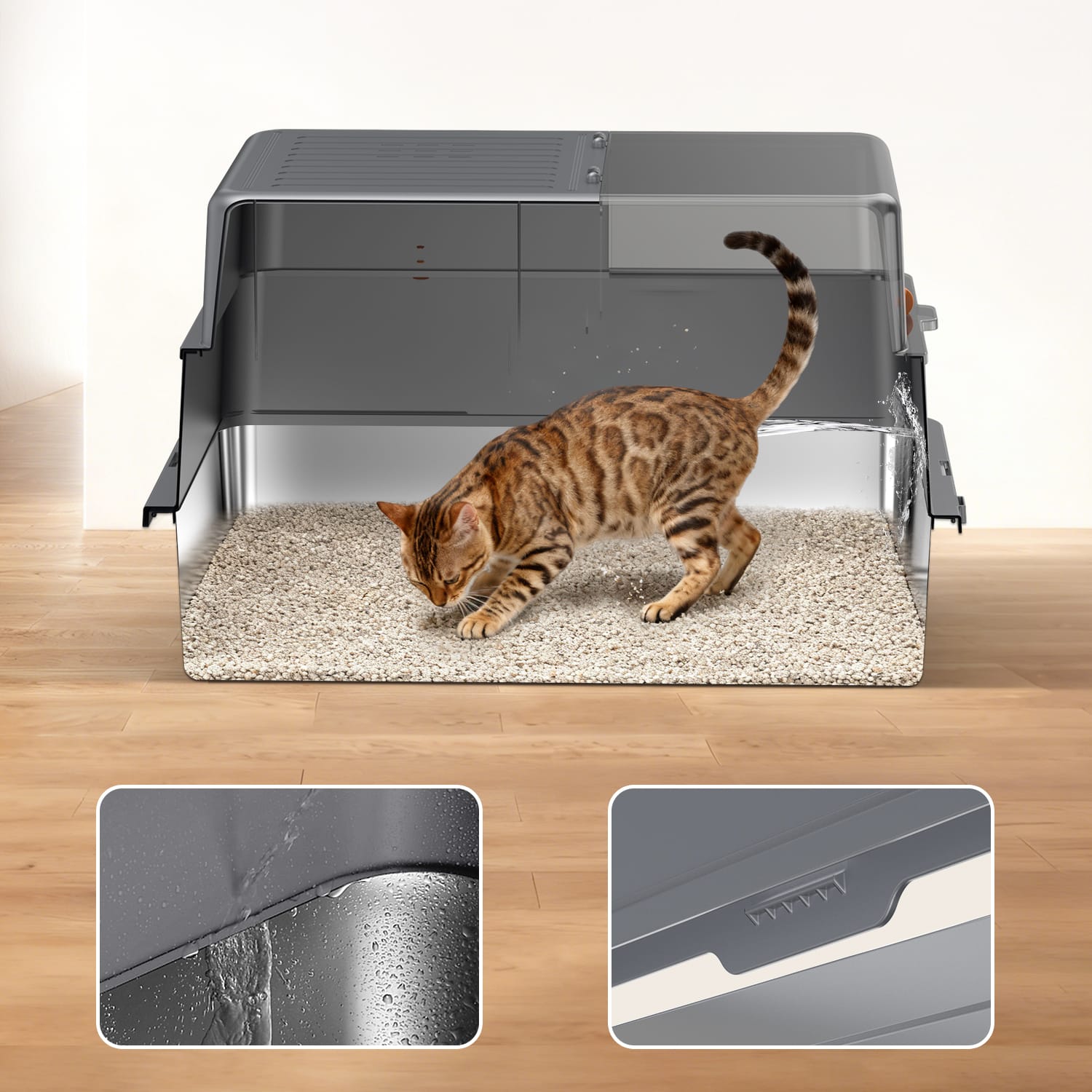 Furrbby XXL Full Enclosed Stainless Steel Litter Box with Clear View Window, Washable Splash-Proof Stainless Steel Tray for Multi-Cat Household