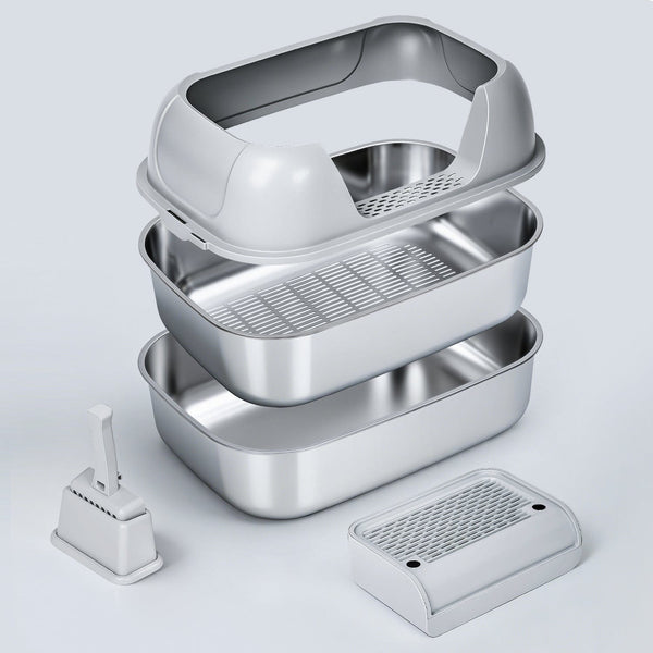 XL Stainless Steel Sifting Litter Box for Clumping Litter — Dual Pan+Semi Lid / XL
