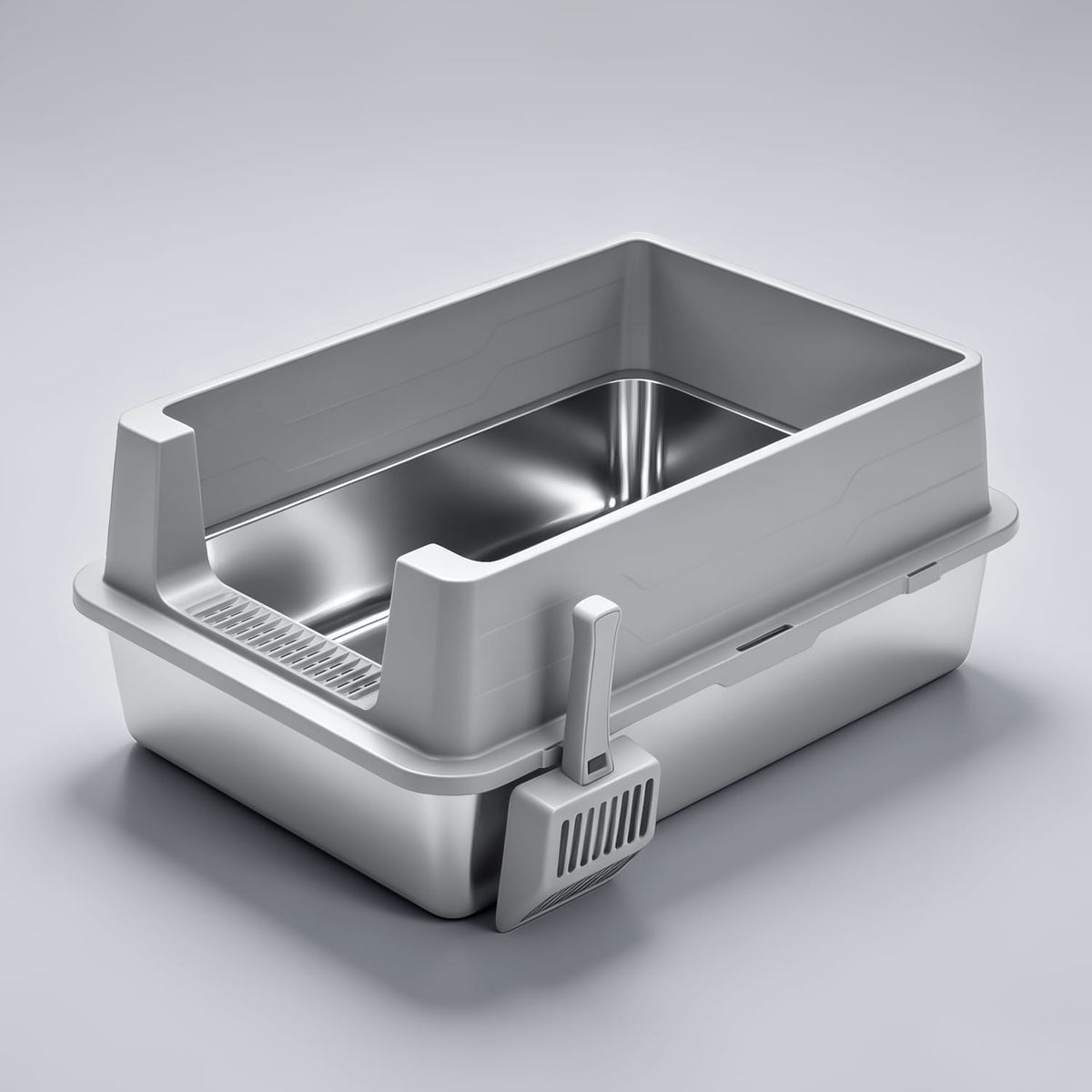 Furrbby XXL high‑sided stainless steel cat litter box, leak‑proof spacious design in light grey