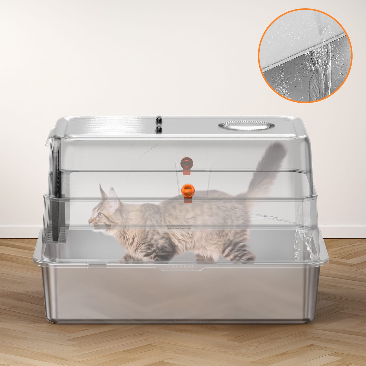 Furrbby Stainless Steel Litter Box fully enclosed design, transparent display showing washable stainless tray structure