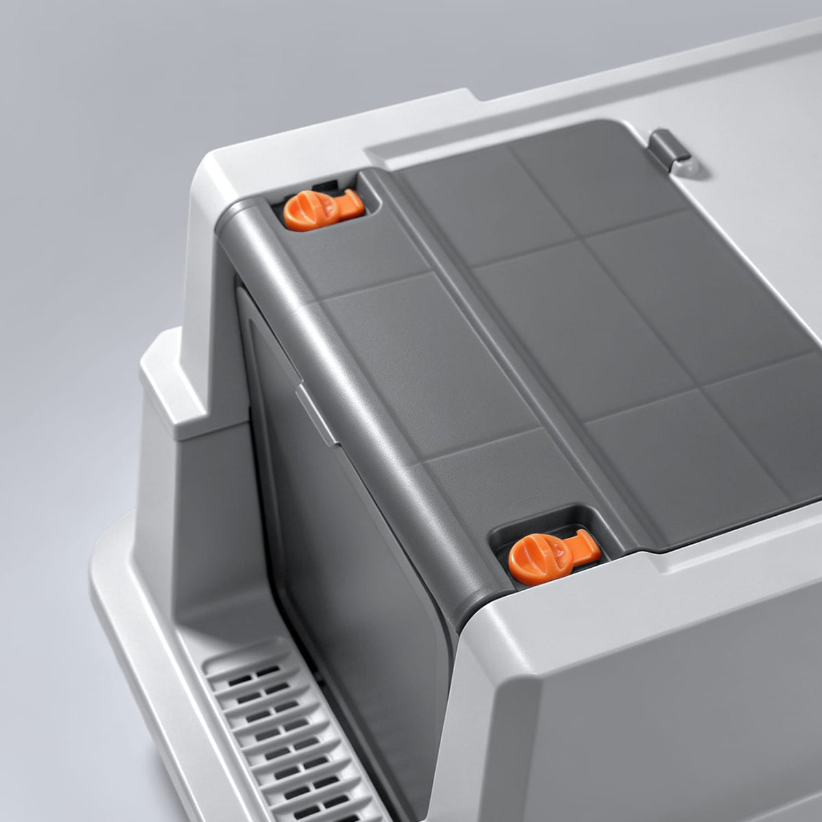 Secure latch mechanism on Furrbby xxl covered front‑entry litter box, easy‑lock front door for simple access