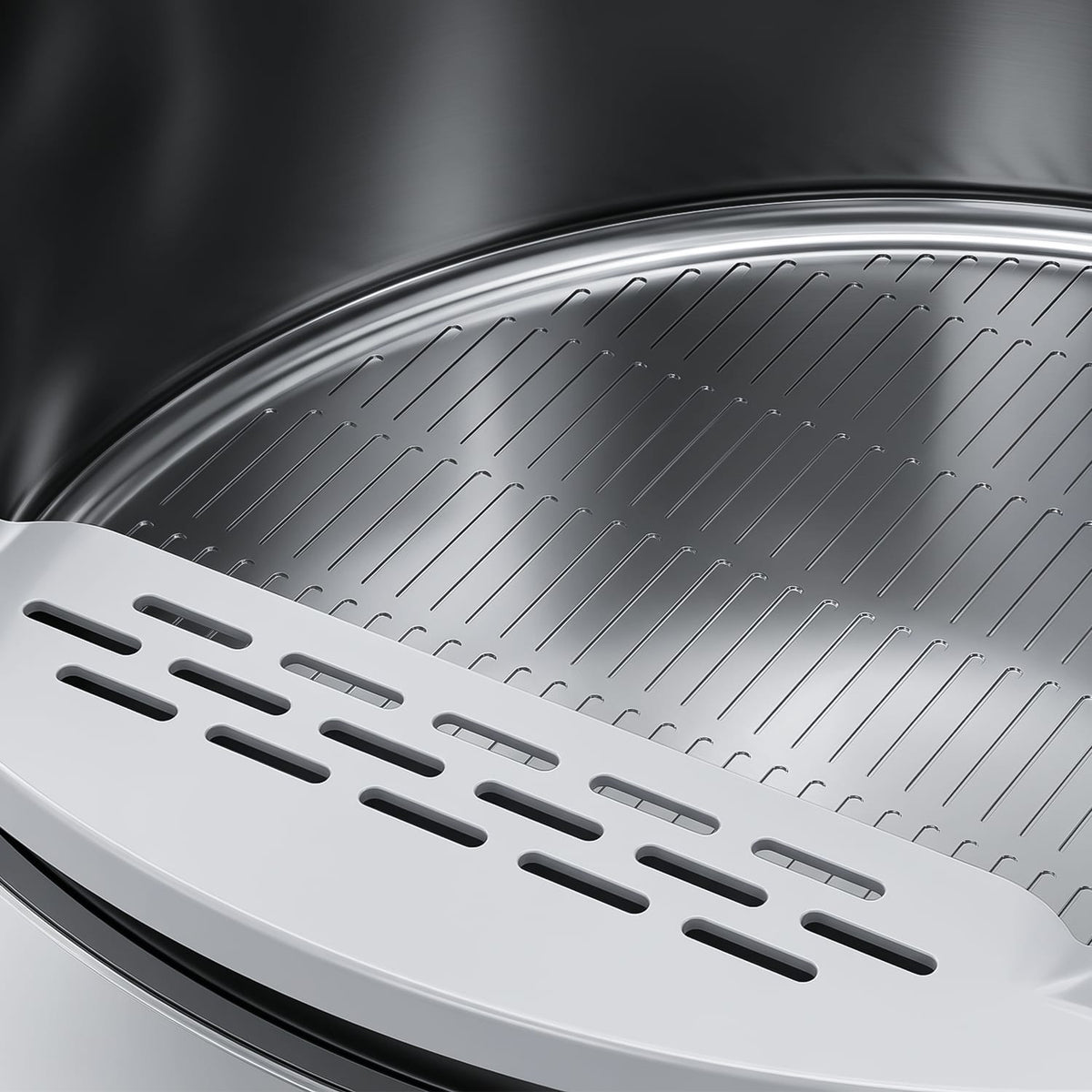Furrbby Sifting Litter Box, premium stainless steel filter plate close-up, smooth non-porous surface for efficient sifting and simple cleaning