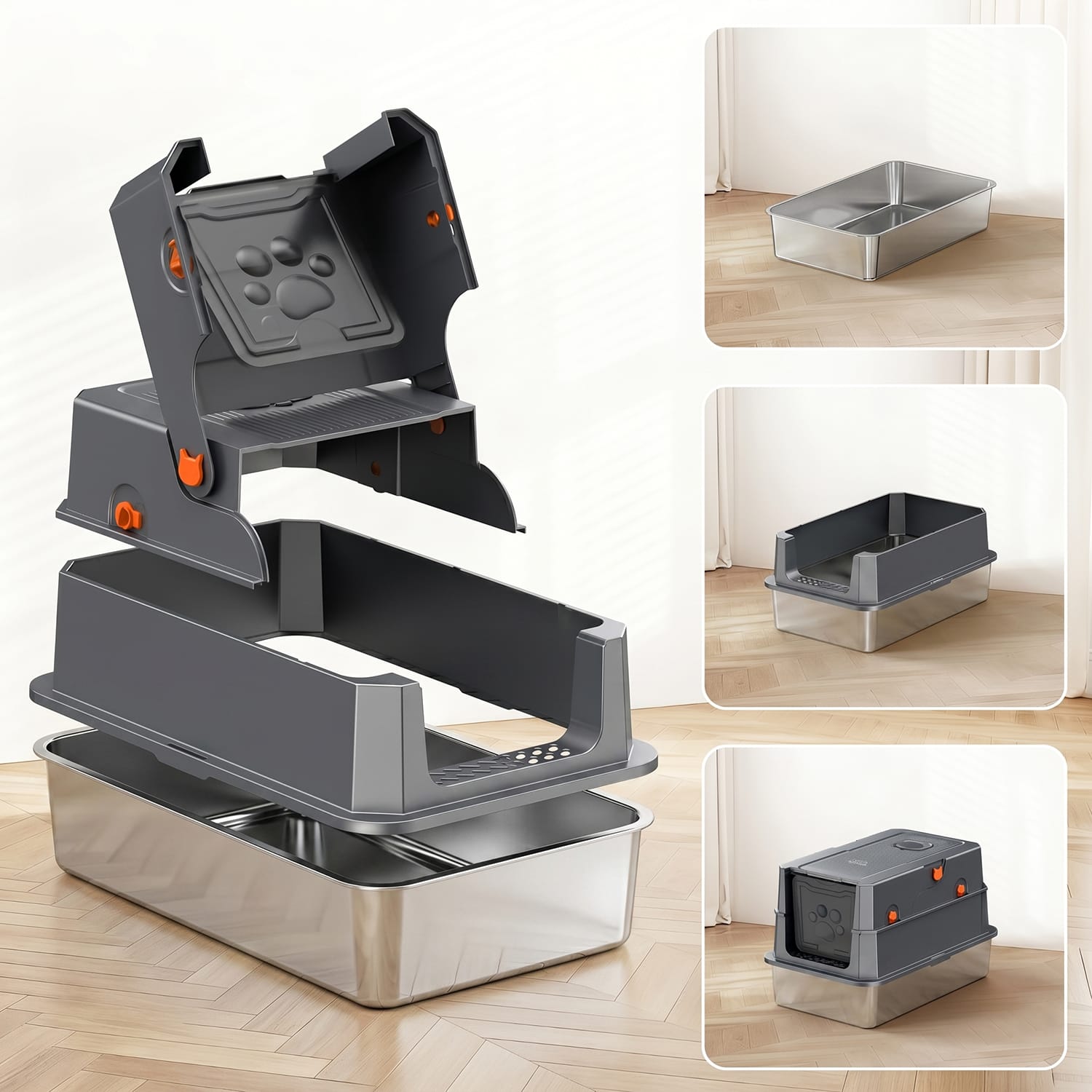 Furrbby Stainless Steel Litter Box with Multi-Mode Structure, Removable Flip-Top Design for Easy Cleaning